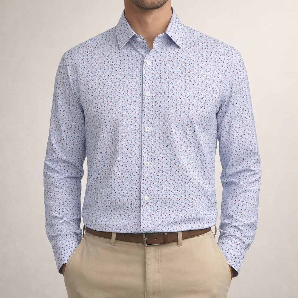 Bugatchi Uomo Shaped Fit Shirt Men’s Blue Floral Stretch Dress Button Down